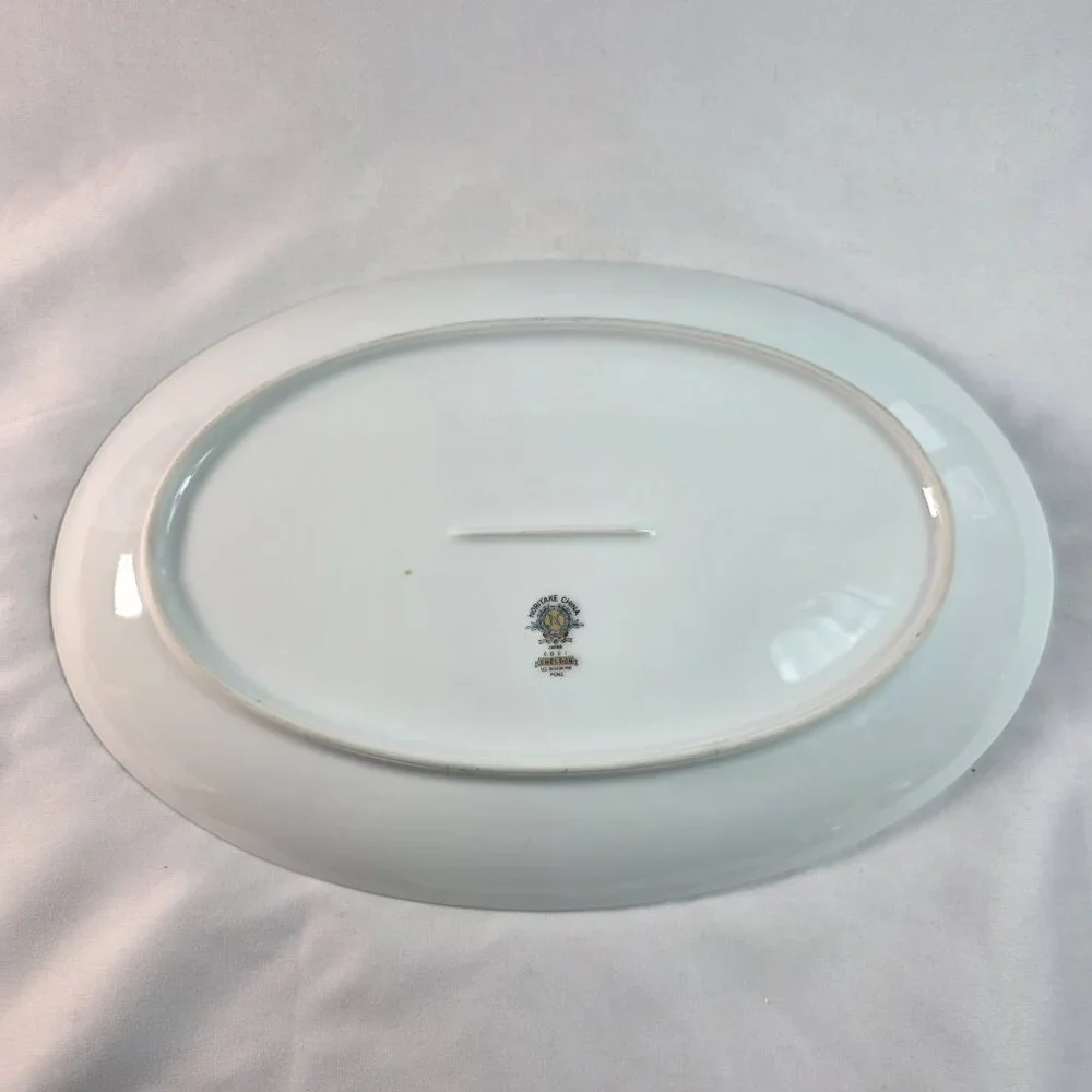 Noritake Sheldon Serving Platter 14 Inch White with Aqua Band and White Flowers